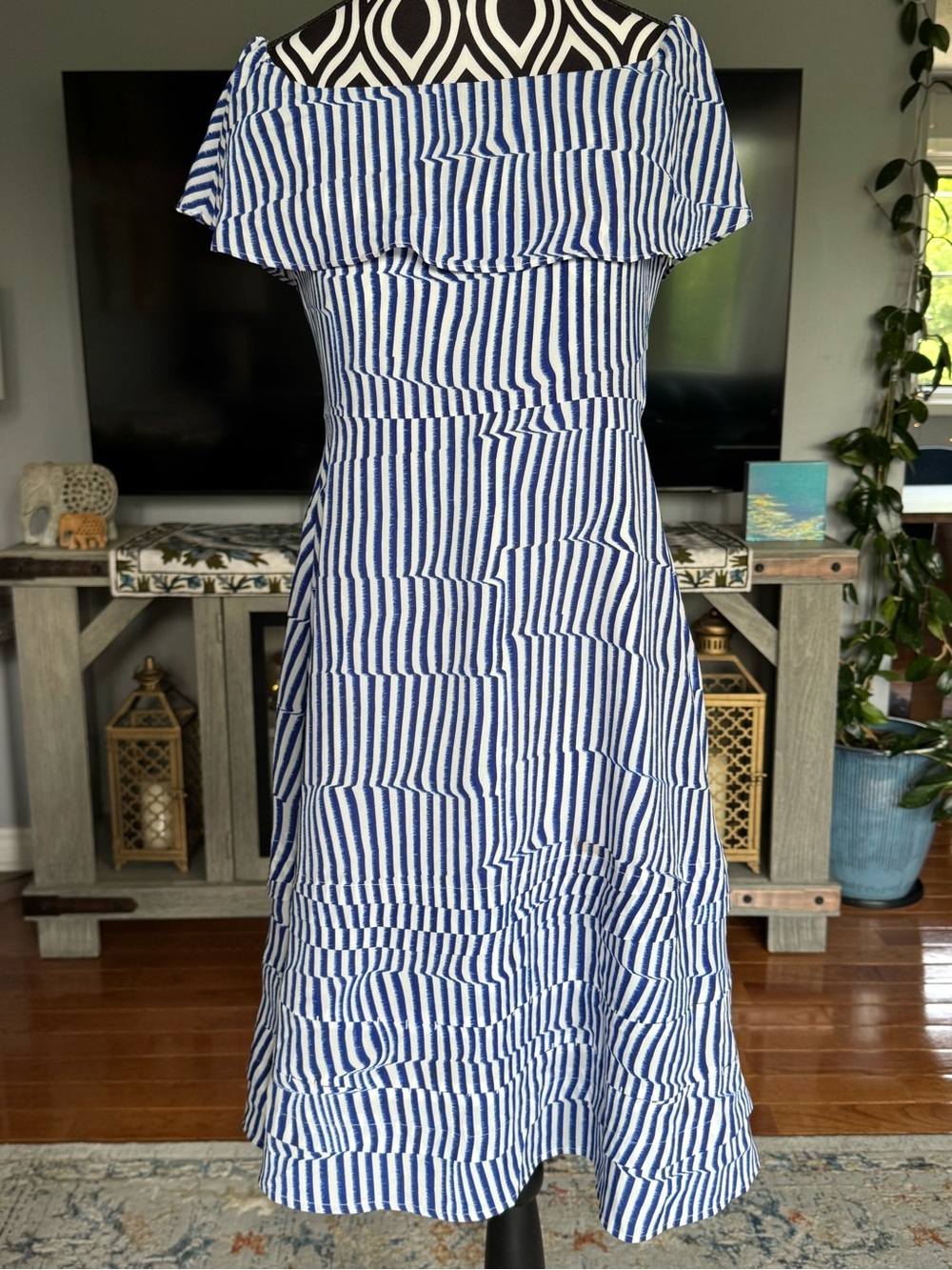 Banana Republic Navy and White Striped Off-the-Shoulder Dress